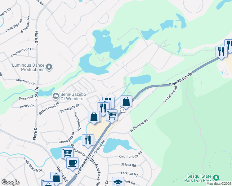 map of restaurants, bars, coffee shops, grocery stores, and more near 108 Spring Valley Court in Columbia