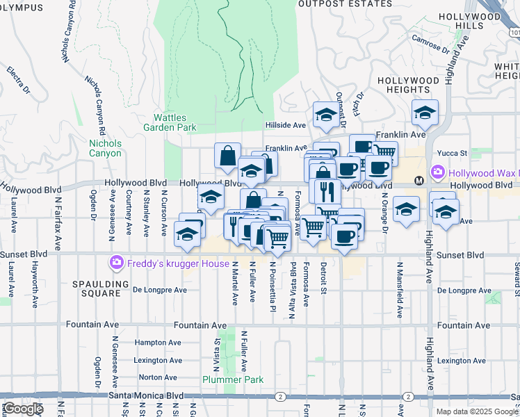 map of restaurants, bars, coffee shops, grocery stores, and more near 1617 North Fuller Avenue in Los Angeles