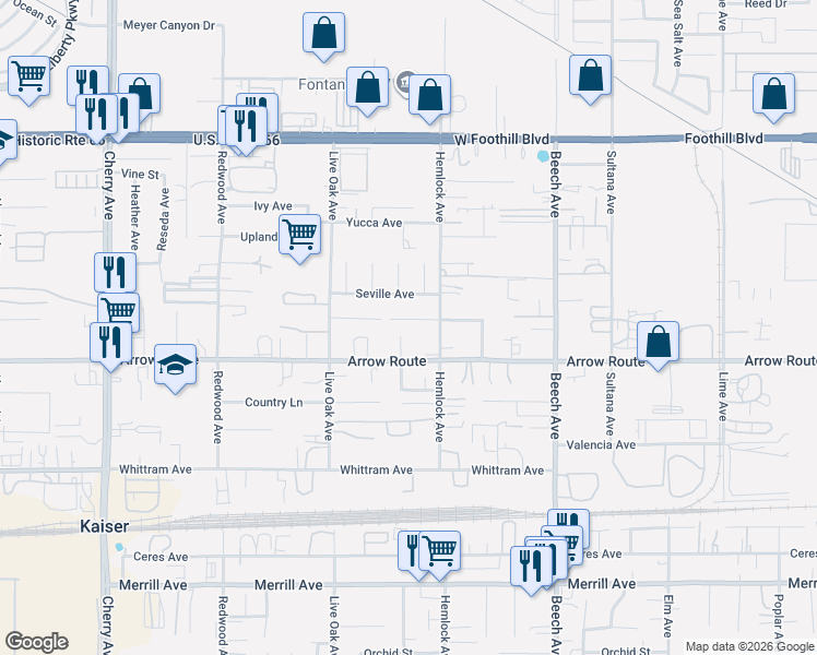 map of restaurants, bars, coffee shops, grocery stores, and more near 15040 Spring Street in Fontana