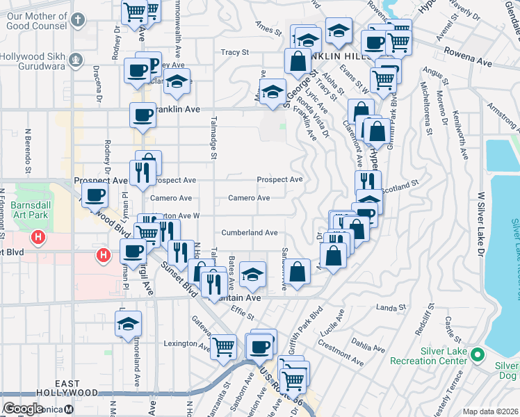 map of restaurants, bars, coffee shops, grocery stores, and more near 4027 Camero Avenue in Los Angeles
