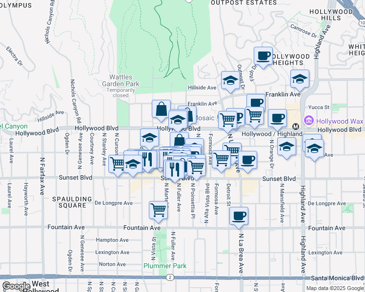 map of restaurants, bars, coffee shops, grocery stores, and more near 1617 North Fuller Avenue in Los Angeles