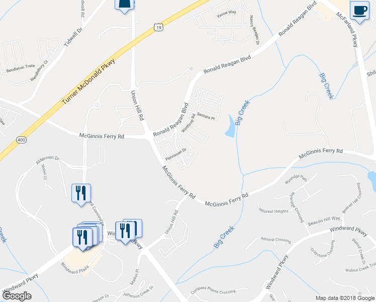 map of restaurants, bars, coffee shops, grocery stores, and more near 7505 Penniman Drive in Alpharetta