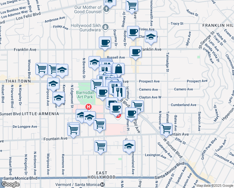 map of restaurants, bars, coffee shops, grocery stores, and more near 1645 Rodney Drive in Los Angeles