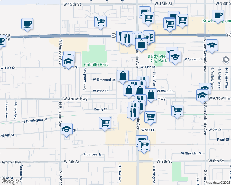 map of restaurants, bars, coffee shops, grocery stores, and more near 587 West Winn Drive in Upland