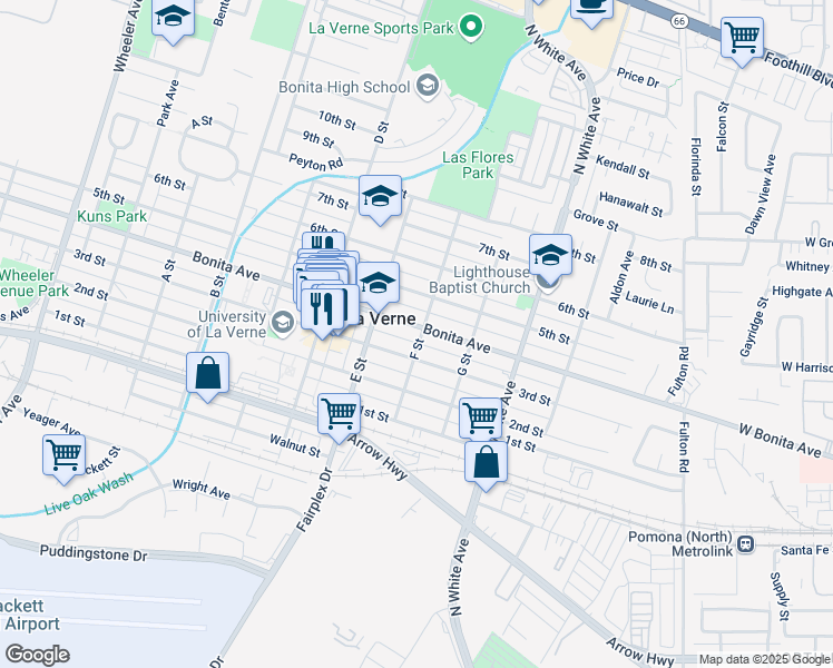 map of restaurants, bars, coffee shops, grocery stores, and more near 2280 Bonita Avenue in La Verne