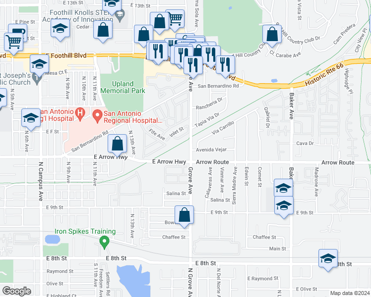 map of restaurants, bars, coffee shops, grocery stores, and more near 1320 San Bernardino Road in Upland