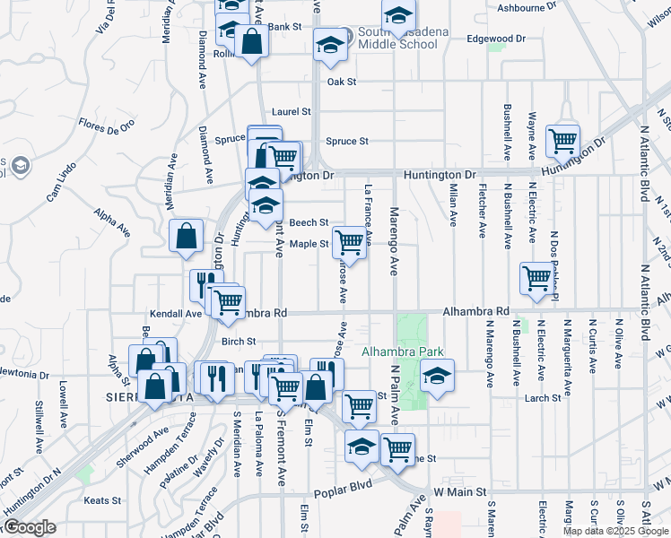 map of restaurants, bars, coffee shops, grocery stores, and more near 2025 Primrose Avenue in South Pasadena