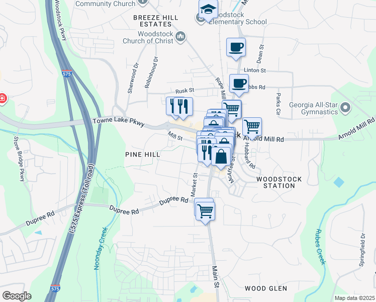 map of restaurants, bars, coffee shops, grocery stores, and more near 113 Elm Street in Woodstock