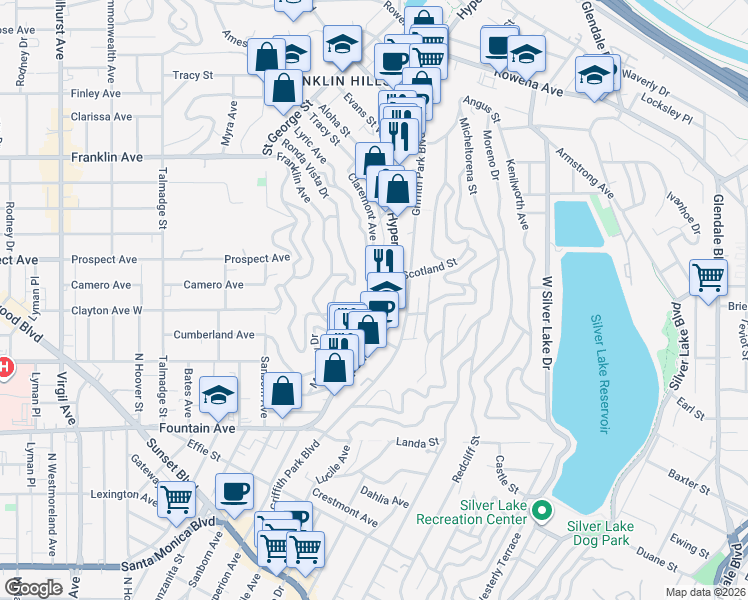 map of restaurants, bars, coffee shops, grocery stores, and more near 2162 Lyric Avenue in Los Angeles