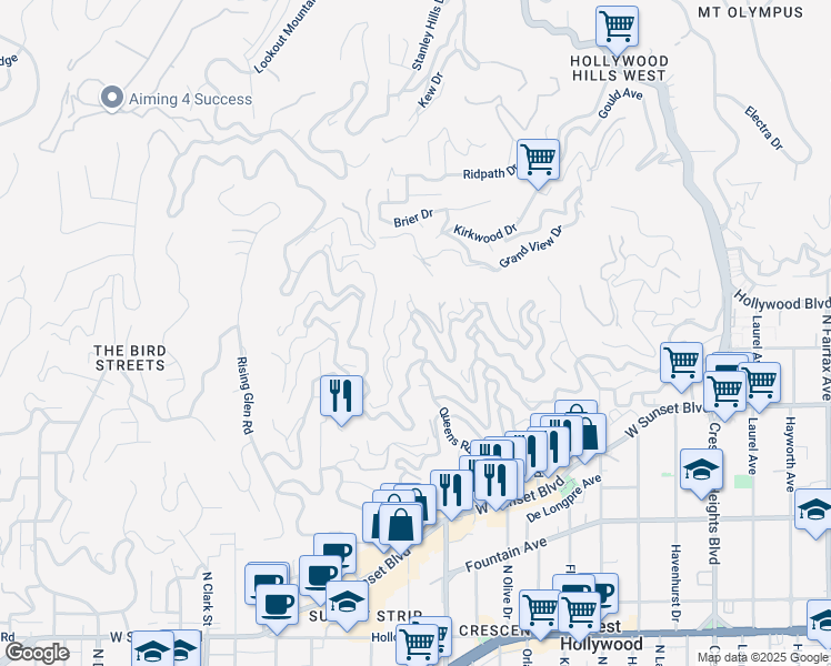 map of restaurants, bars, coffee shops, grocery stores, and more near 8575 Franklin Avenue in Los Angeles