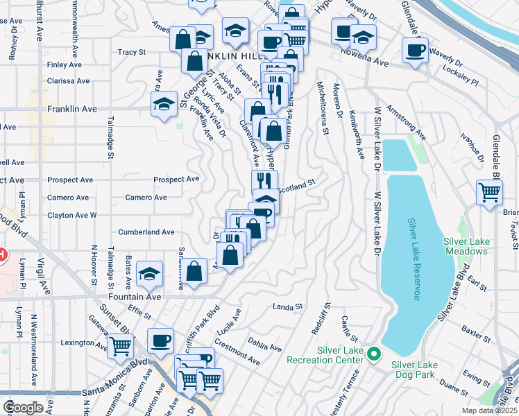 map of restaurants, bars, coffee shops, grocery stores, and more near 2162 Lyric Avenue in Los Angeles