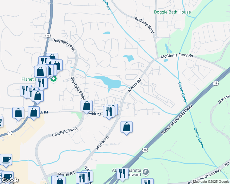map of restaurants, bars, coffee shops, grocery stores, and more near 13108 Fasherstone Drive in Alpharetta
