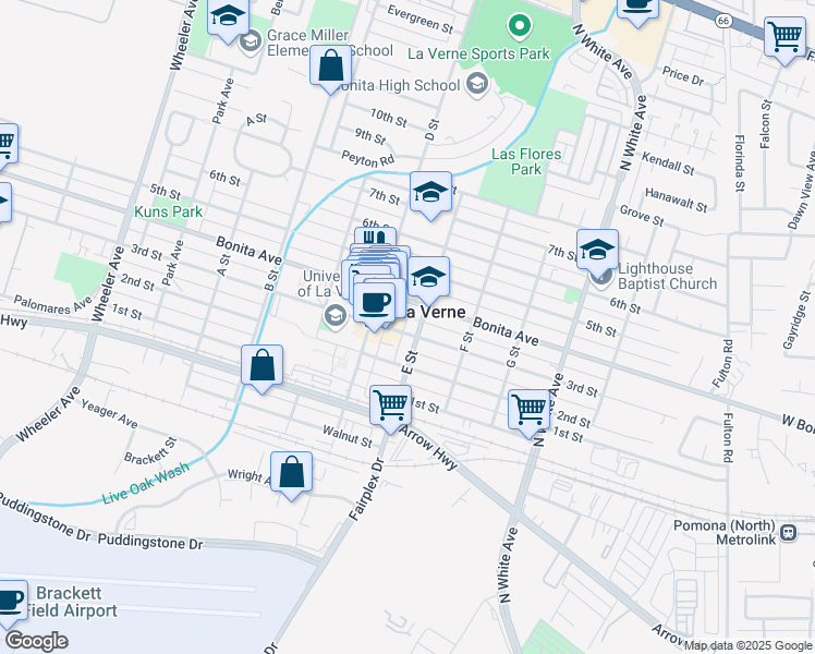 map of restaurants, bars, coffee shops, grocery stores, and more near 2326 D Street in La Verne