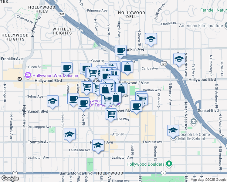 map of restaurants, bars, coffee shops, grocery stores, and more near in Los Angeles