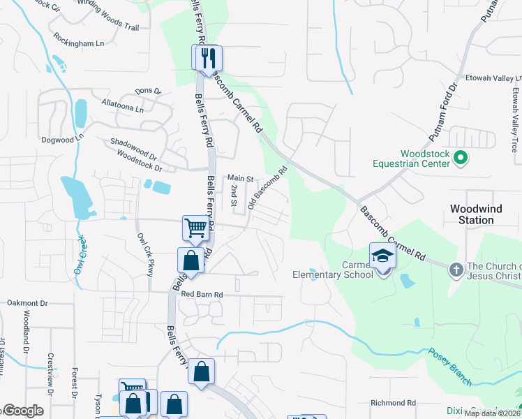 map of restaurants, bars, coffee shops, grocery stores, and more near 6020 Old Bascomb Road in Acworth