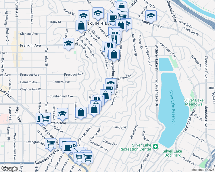 map of restaurants, bars, coffee shops, grocery stores, and more near 2162 Lyric Avenue in Los Angeles