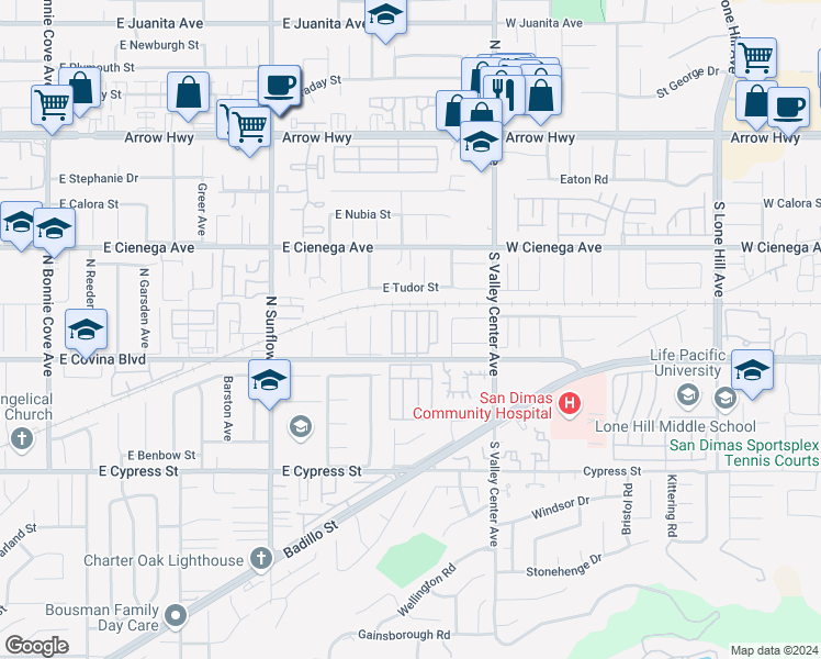 map of restaurants, bars, coffee shops, grocery stores, and more near 1635 West Covina Boulevard in San Dimas