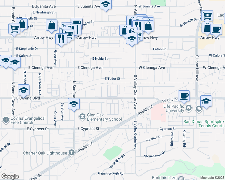 map of restaurants, bars, coffee shops, grocery stores, and more near 1635 West Covina Boulevard in San Dimas