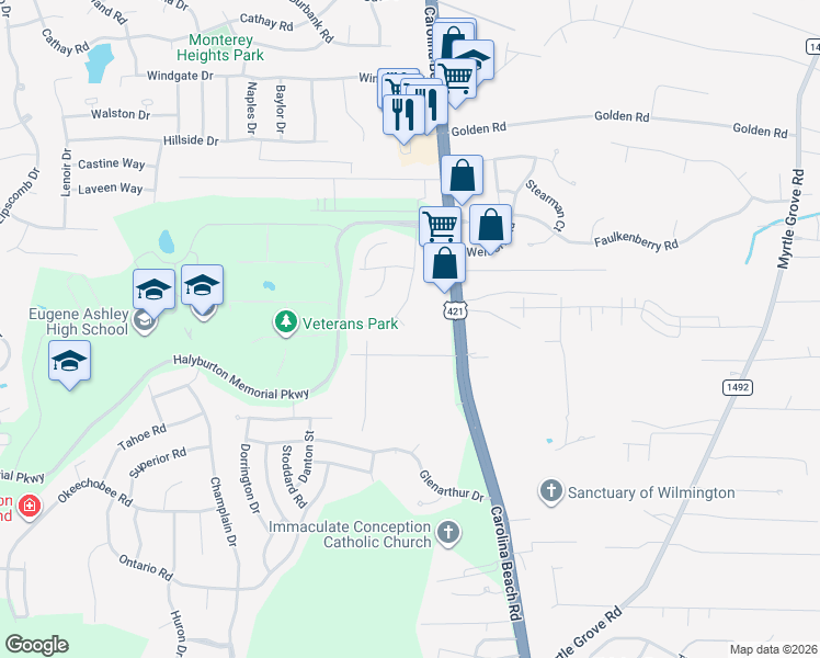 map of restaurants, bars, coffee shops, grocery stores, and more near 905 Lowry Court in Wilmington
