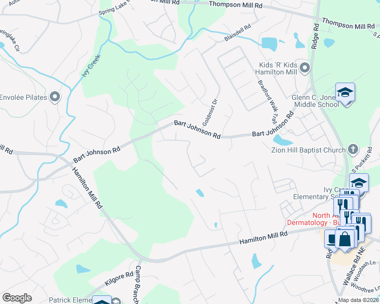map of restaurants, bars, coffee shops, grocery stores, and more near 3751 Bogan Mill Road Northeast in Buford