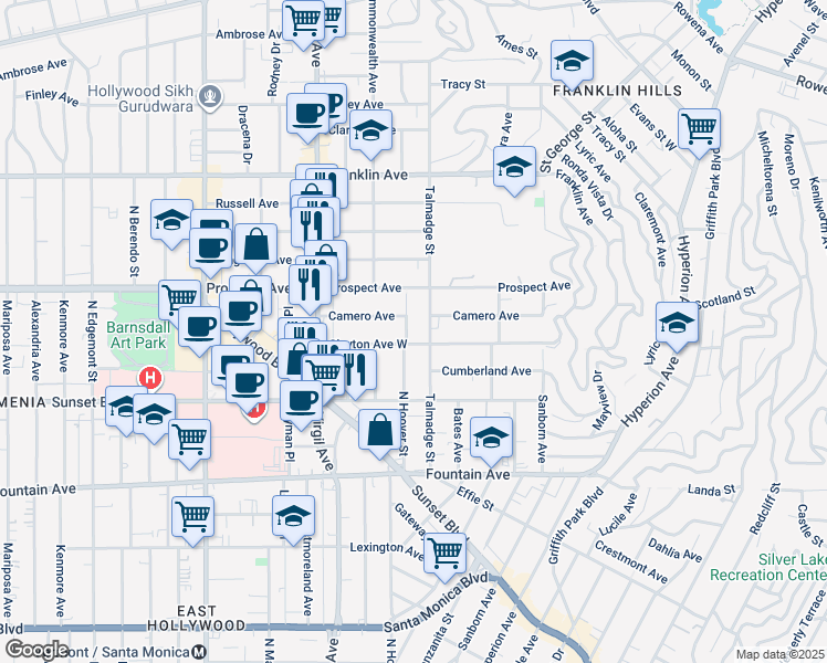 map of restaurants, bars, coffee shops, grocery stores, and more near 1610 North Hoover Street in Los Angeles