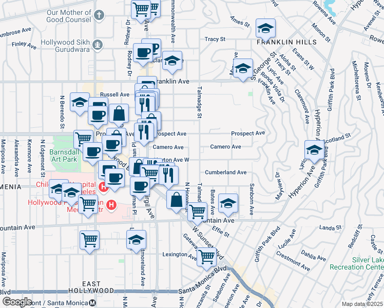 map of restaurants, bars, coffee shops, grocery stores, and more near 1610 North Hoover Street in Los Angeles