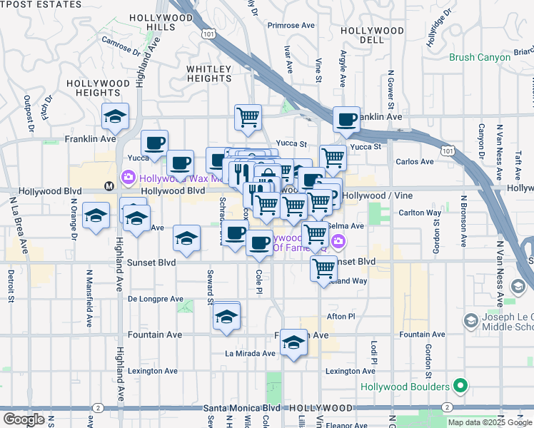 map of restaurants, bars, coffee shops, grocery stores, and more near in Los Angeles