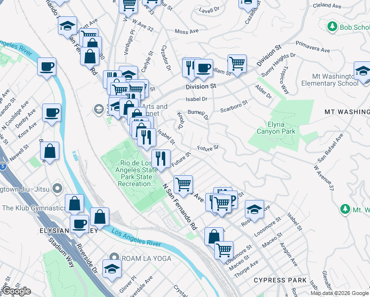 map of restaurants, bars, coffee shops, grocery stores, and more near 1715 Kemper Street in Los Angeles
