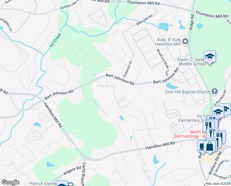 map of restaurants, bars, coffee shops, grocery stores, and more near 3721 Bogan Mill Road Northeast in Buford