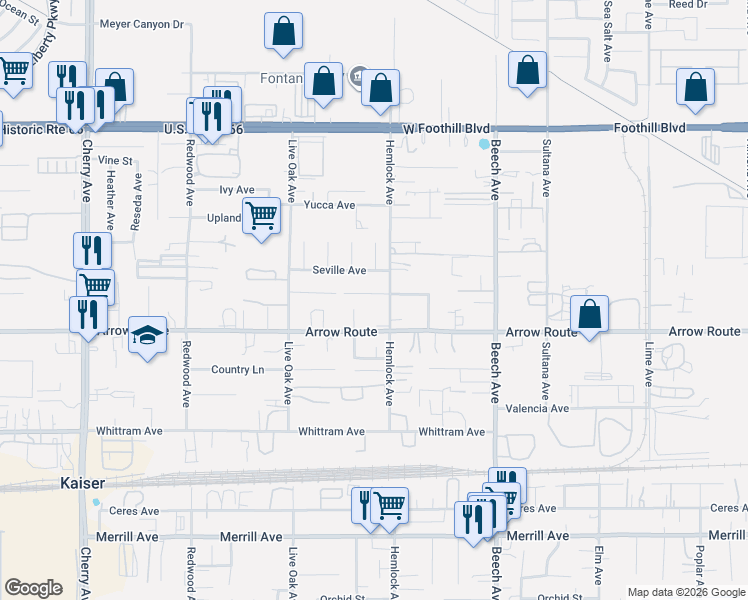 map of restaurants, bars, coffee shops, grocery stores, and more near 15040 Spring Street in Fontana