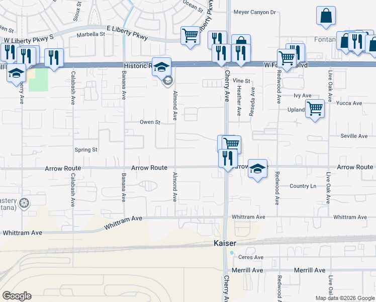 map of restaurants, bars, coffee shops, grocery stores, and more near 14358 Upas Court in Fontana