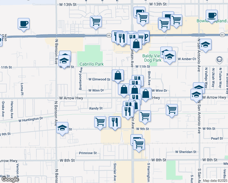 map of restaurants, bars, coffee shops, grocery stores, and more near 587 West Winn Drive in Upland