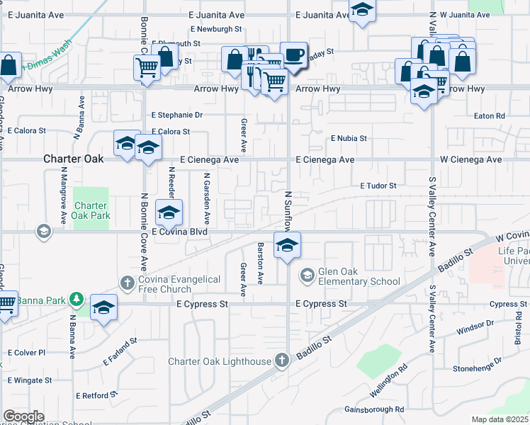 map of restaurants, bars, coffee shops, grocery stores, and more near 1168 North Barston Avenue in Covina