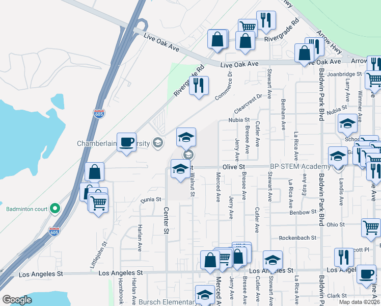 map of restaurants, bars, coffee shops, grocery stores, and more near 13701 Olive Street in Baldwin Park