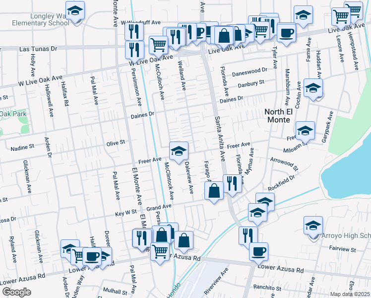 map of restaurants, bars, coffee shops, grocery stores, and more near 5333 Welland Avenue in Temple City