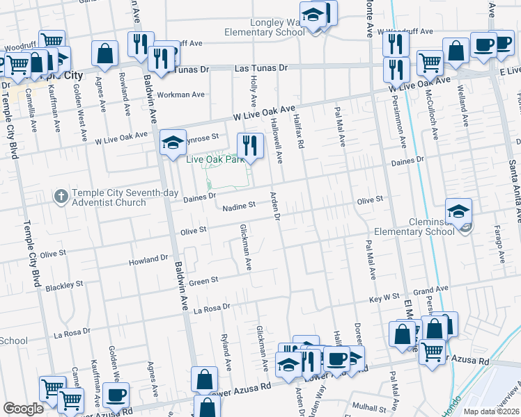 map of restaurants, bars, coffee shops, grocery stores, and more near 10230 Daines Drive in Temple City