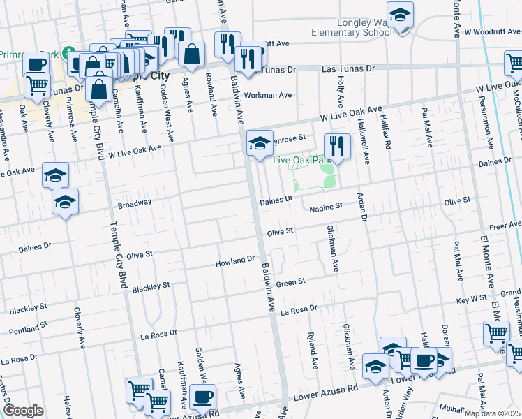 map of restaurants, bars, coffee shops, grocery stores, and more near 5505 Robinhood Avenue in Temple City