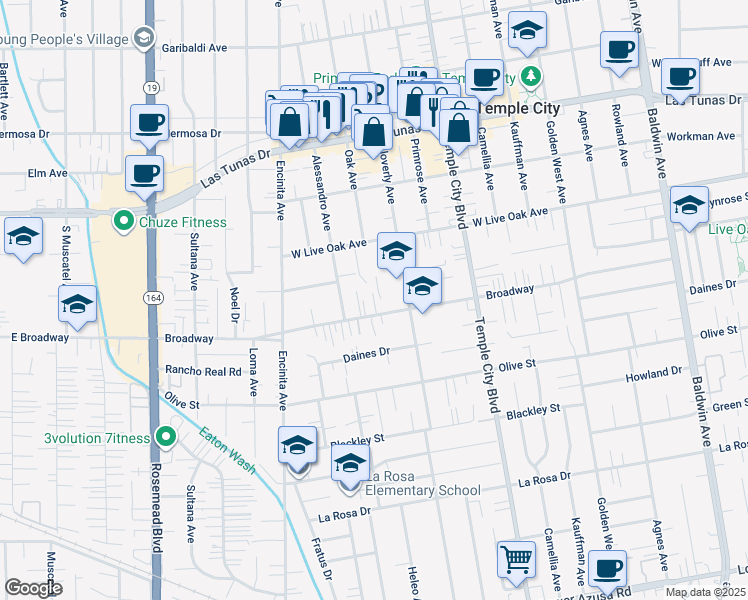 map of restaurants, bars, coffee shops, grocery stores, and more near 5605 Cloverly Avenue in Temple City