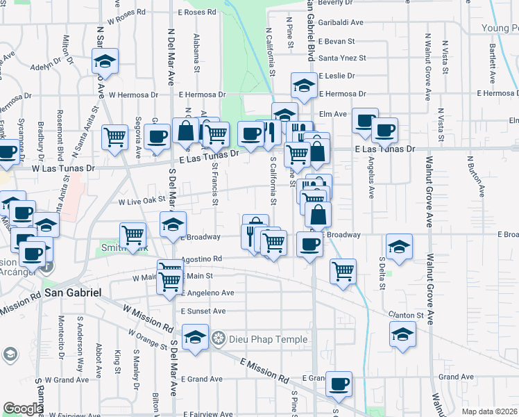 map of restaurants, bars, coffee shops, grocery stores, and more near 213 Cameron Way in San Gabriel
