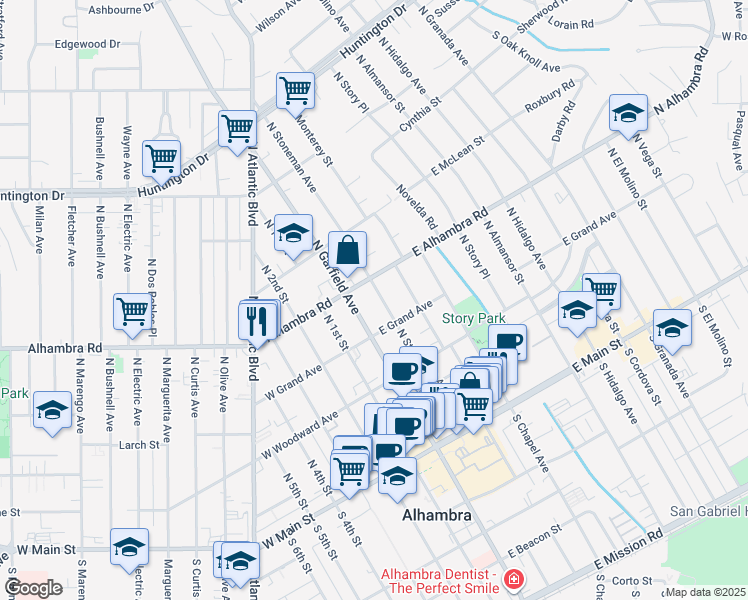 map of restaurants, bars, coffee shops, grocery stores, and more near 100 East Alhambra Road in Alhambra