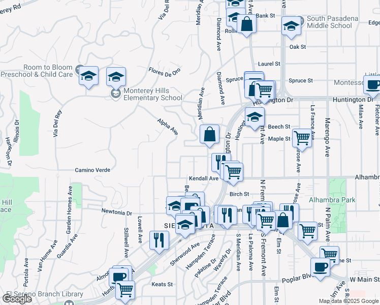 map of restaurants, bars, coffee shops, grocery stores, and more near 830 Bonita Drive in South Pasadena