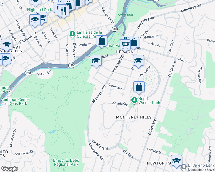 map of restaurants, bars, coffee shops, grocery stores, and more near 5419 Monterey Road in Los Angeles
