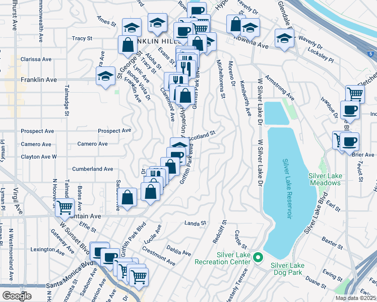 map of restaurants, bars, coffee shops, grocery stores, and more near 2238 Griffith Park Boulevard in Los Angeles