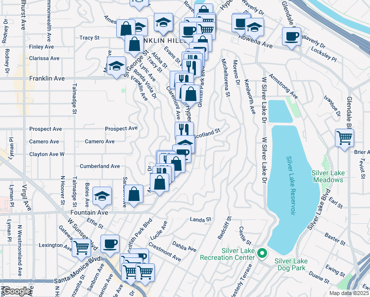 map of restaurants, bars, coffee shops, grocery stores, and more near 2235 Hyperion Avenue in Los Angeles