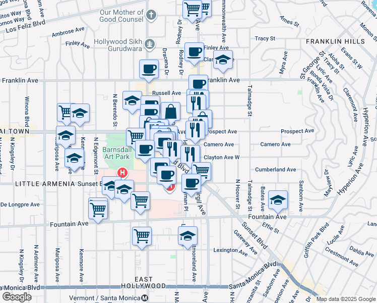 map of restaurants, bars, coffee shops, grocery stores, and more near 1639 Lyman Place in Los Angeles