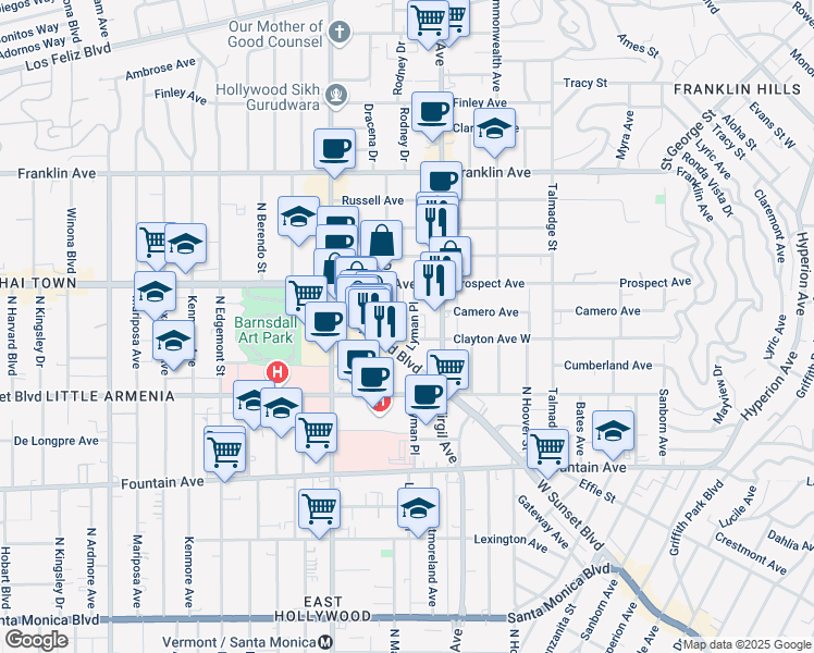 map of restaurants, bars, coffee shops, grocery stores, and more near 1639 Lyman Place in Los Angeles