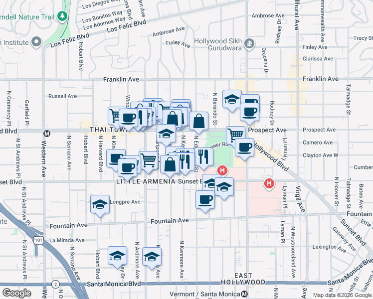 map of restaurants, bars, coffee shops, grocery stores, and more near 1643 1/2 North Kenmore Avenue in Los Angeles