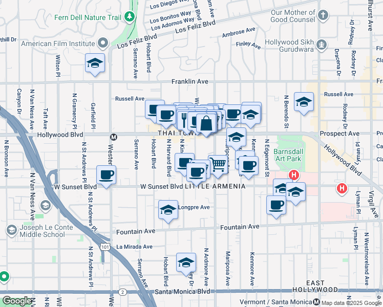 map of restaurants, bars, coffee shops, grocery stores, and more near 1638 Winona Boulevard in Los Angeles