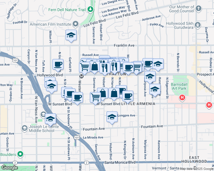 map of restaurants, bars, coffee shops, grocery stores, and more near 1640 North Hobart Boulevard in Los Angeles