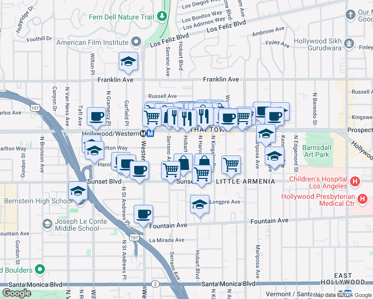 map of restaurants, bars, coffee shops, grocery stores, and more near 1640 North Hobart Boulevard in Los Angeles